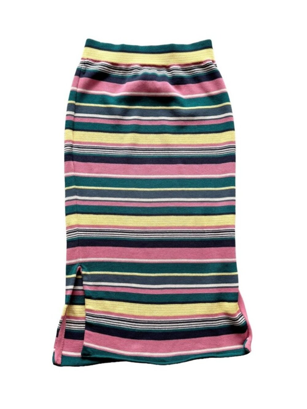 Maeve Anthropologie Striped Knit Midi Skirt Pink Yellow Teal Small Side Slit